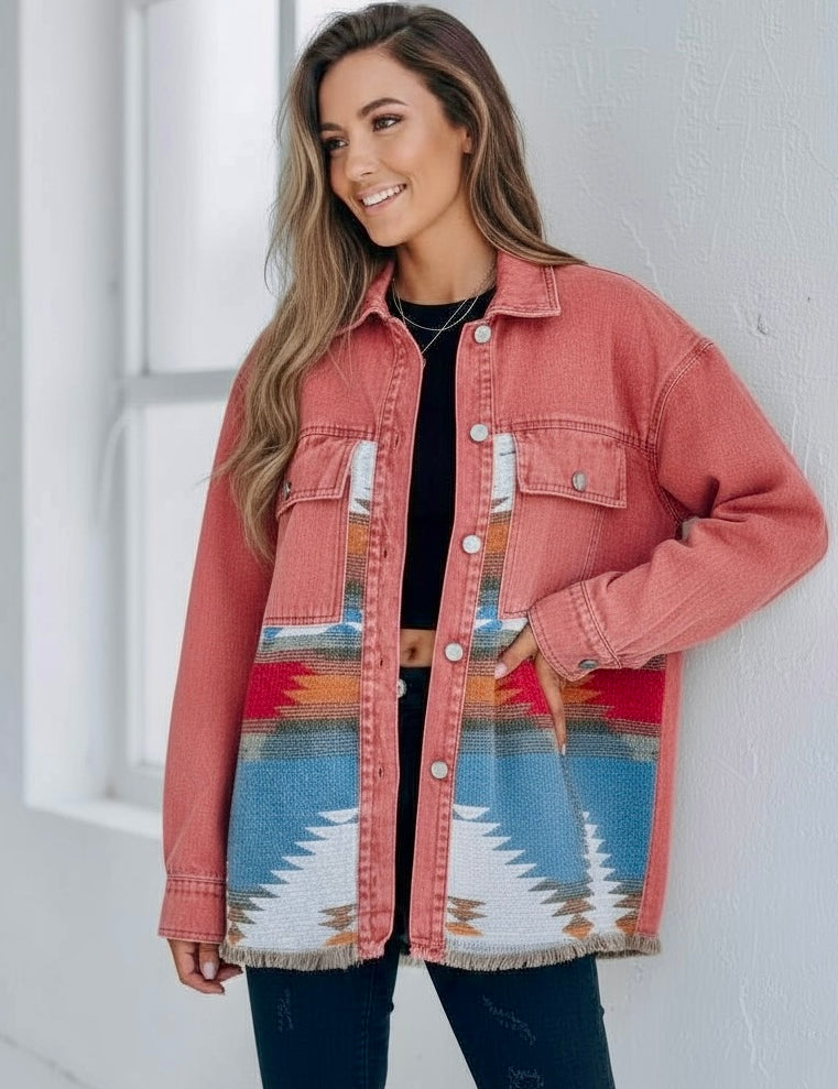 Aztec Print Button Up Jacket | Denim Jackets Daverri Fashions