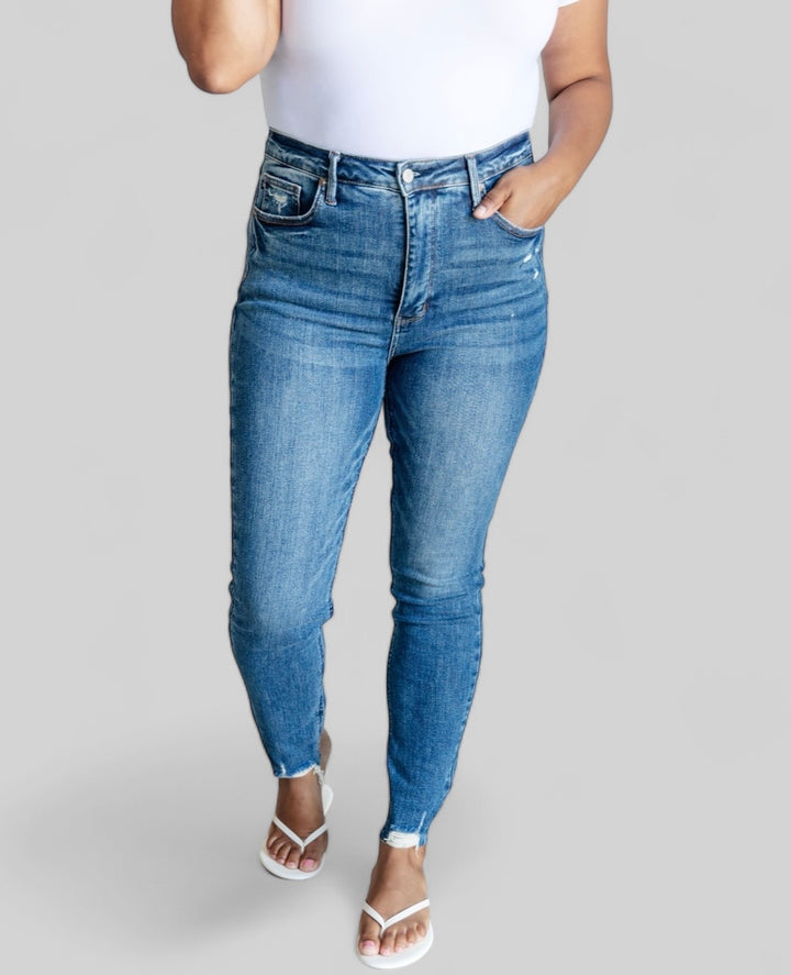 Judy Blue High Rise Control Top Distressed Hem Skinny Jeans Bottoms