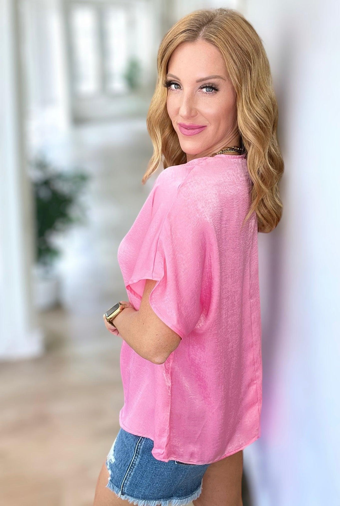 Short Sleeve V-Neck Pink Satin Top Shirts & Tops