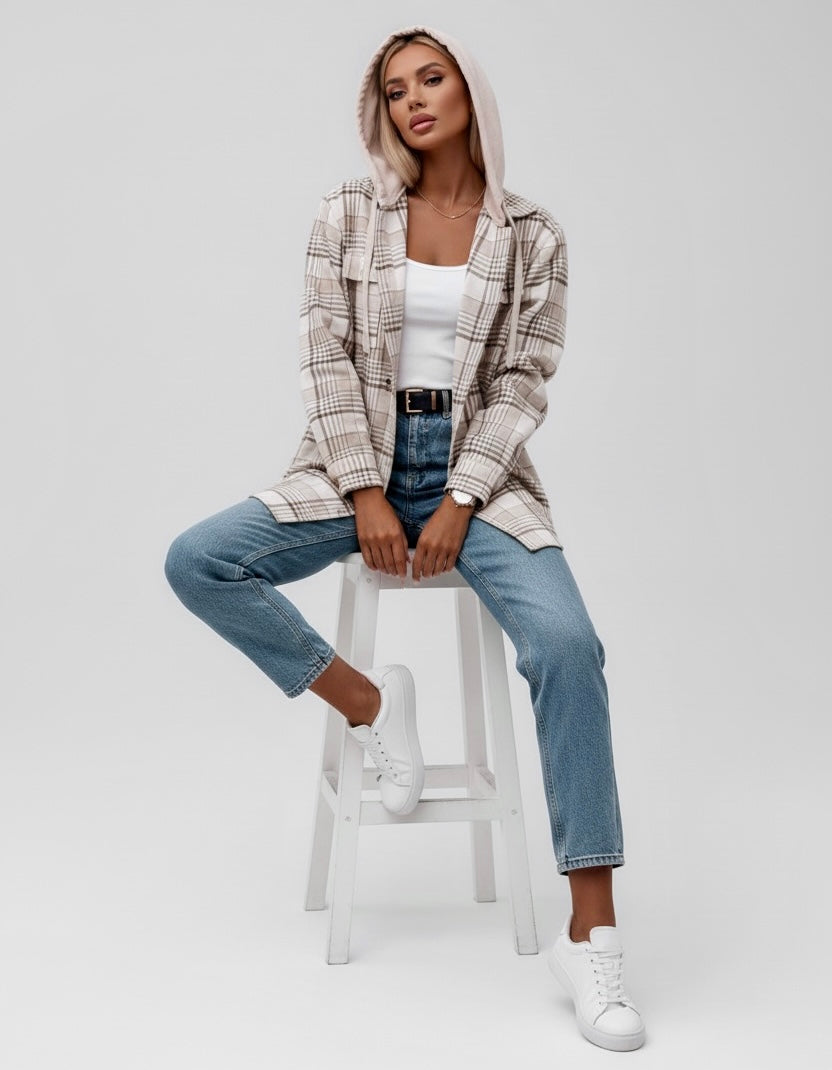 Daverri Plaid Removable Hood Beige Gray Shacket front view