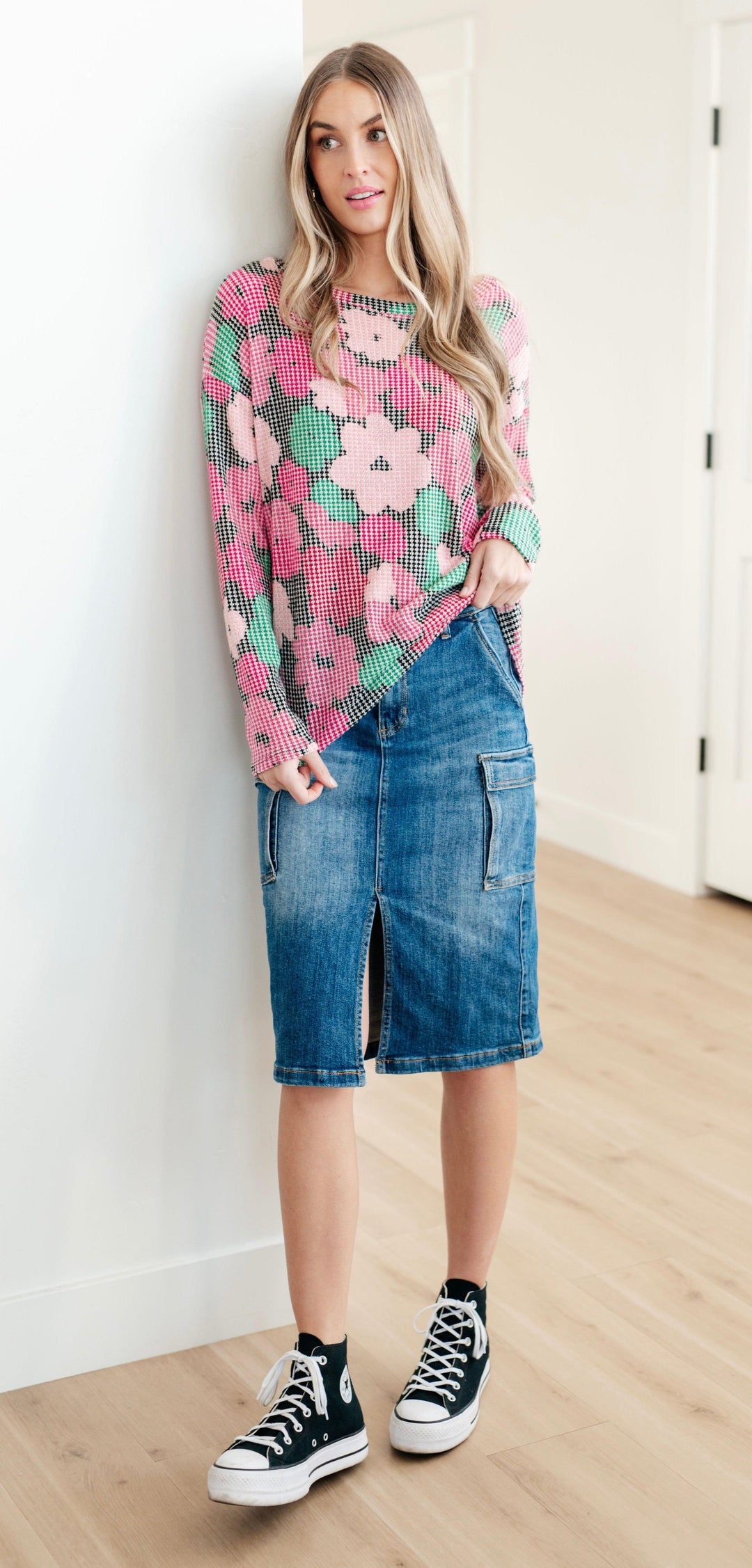 High Rise Front Slit Cargo Denim Skirt Skirts