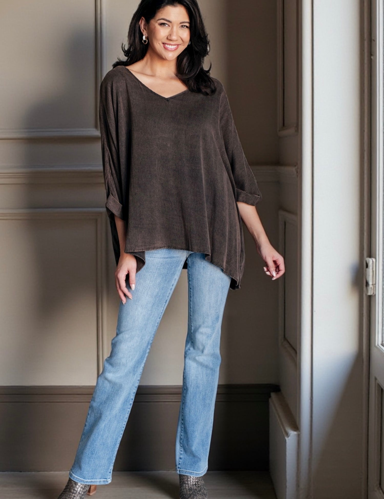 Andree by Unit V-Neck Mineral Washed Oversized Top | Tops Daverri Fashions