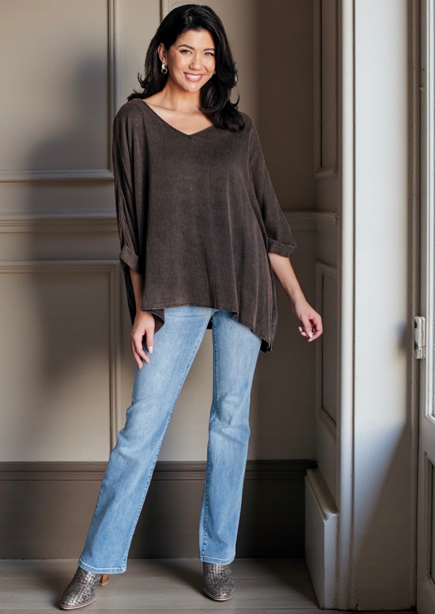 Andree by Unit V-Neck Mineral Washed Oversized Top | Tops Daverri Fashions