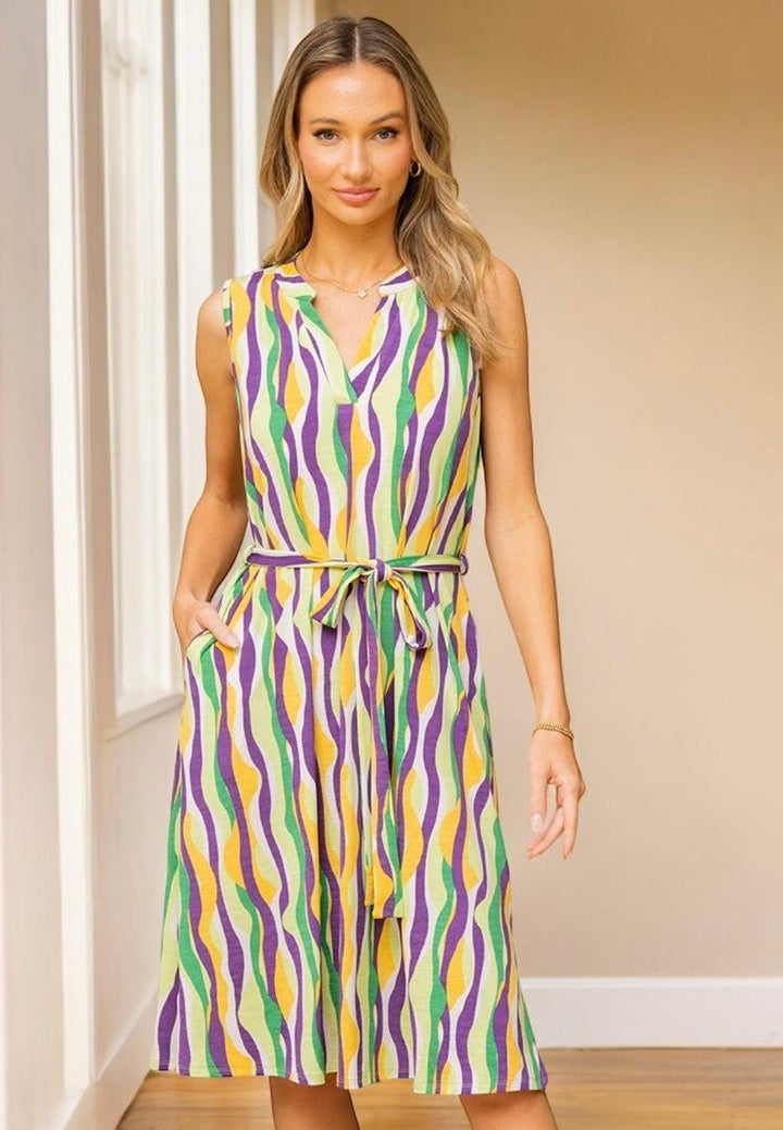 Striped Waist Tie Sleeveless Dress Midi Dresses