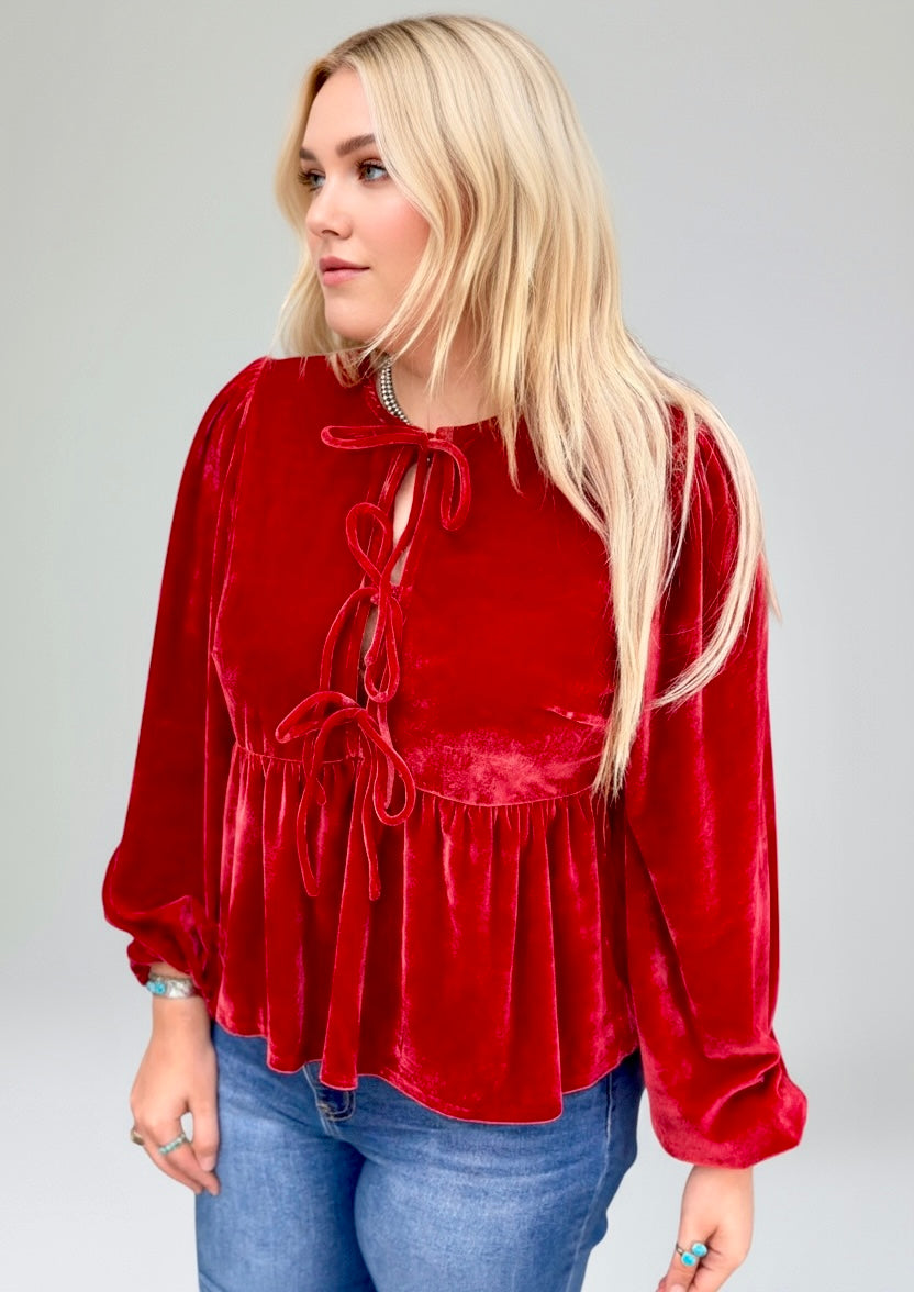 Plus Size Tie Front Velvet Peplum Blouse