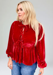 Plus Size Tie Front Velvet Peplum Blouse