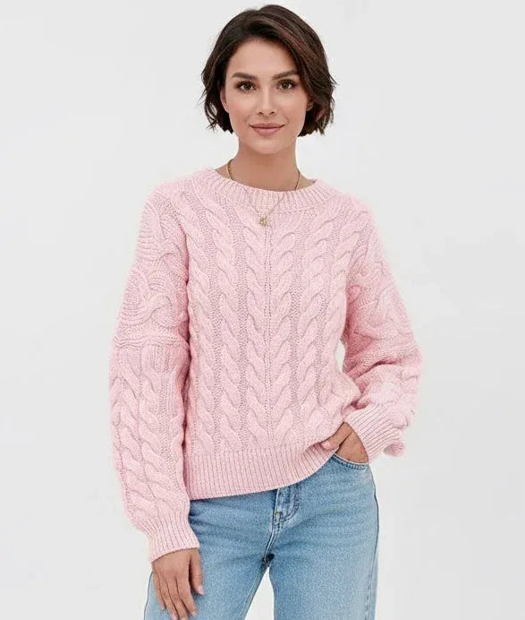 Cable Knit Long Sleeve Sweater - DAVERRI FASHIONS