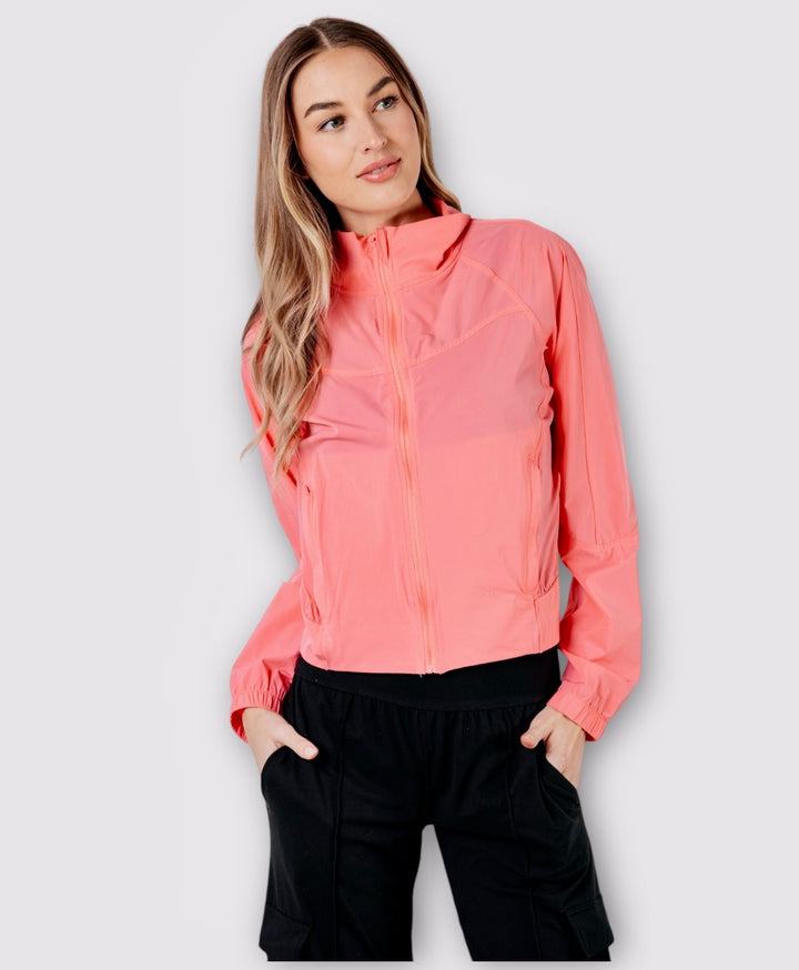 Coral Rose High Neckline Nylon Tennis Jacket Jackets