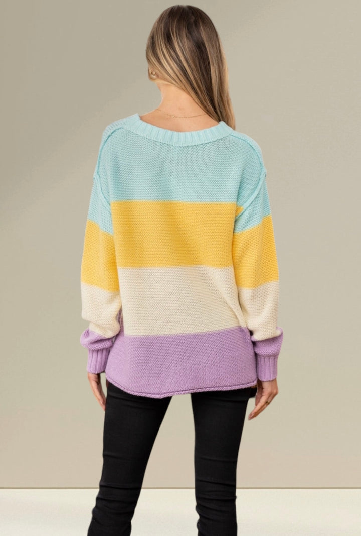 Full Size Color Block Exposed Seam Sweater Tops