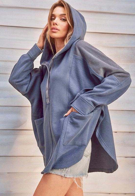 Raw Hem Oversized Hooded Pullover Jackets