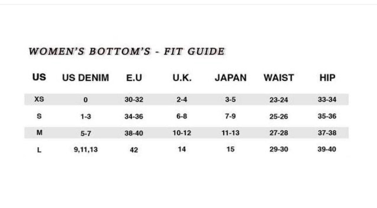 Women’s US denim size chart for GJG Boot Cut Black Jeans: waist hip conversions