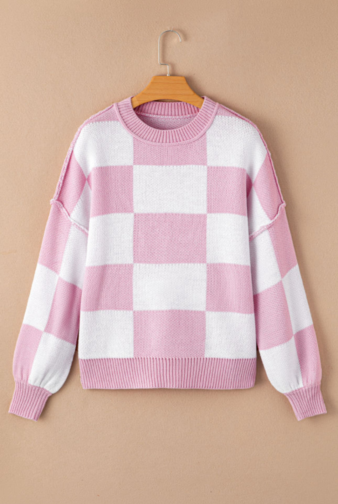 Checkered Exposed Seam Bishop Sleeve Sweater Tops