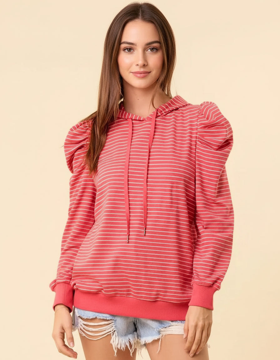 Coral striped hoodie with puffed sleeves and drawstring hood