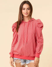 Coral striped hoodie with puffed sleeves and drawstring hood