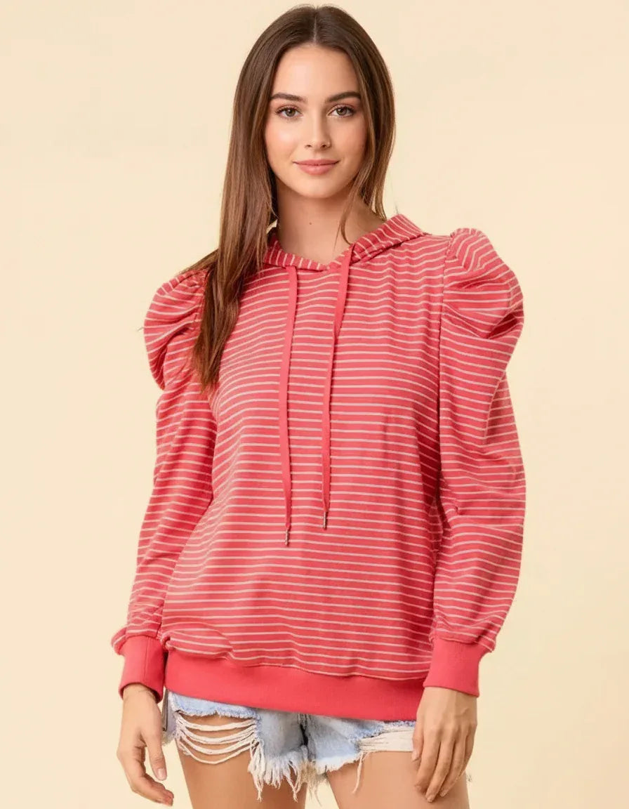 Striped Puff Sleeve Hoodie with Drawstring - DAVERRI FASHIONS