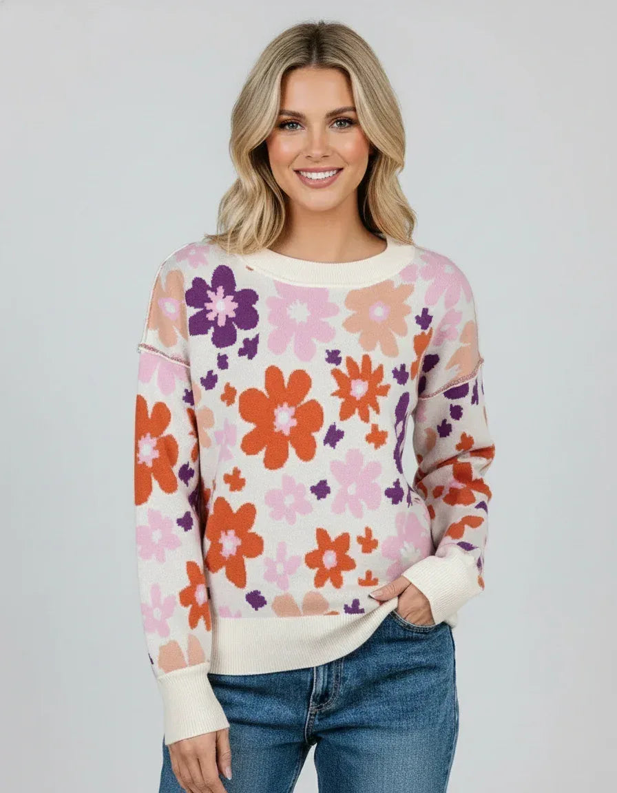 Floral Pattern Drop Shoulder Sweater - DAVERRI FASHIONS