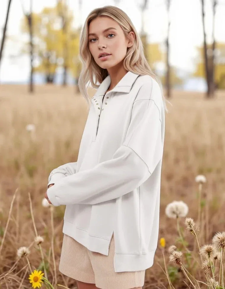 Buttoned Collared Raw Detail High Low Baggy Sweatshirt with Slits - DAVERRI FASHIONS