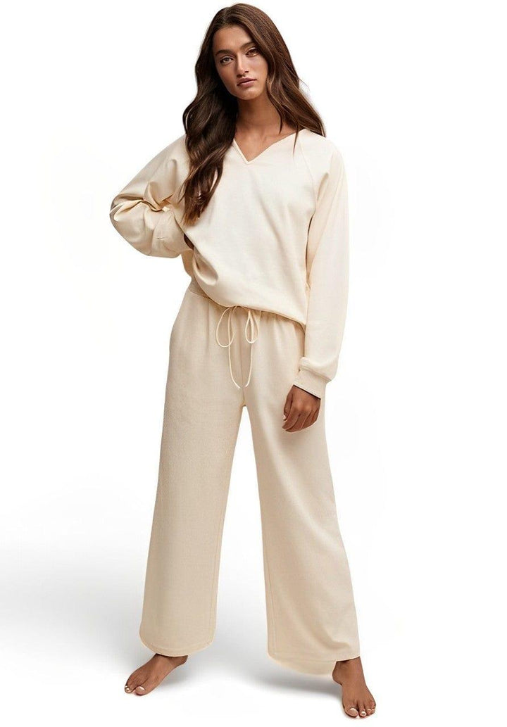 Women's V-neck Sweatshirt and Pants Set Cream L Pants Sets