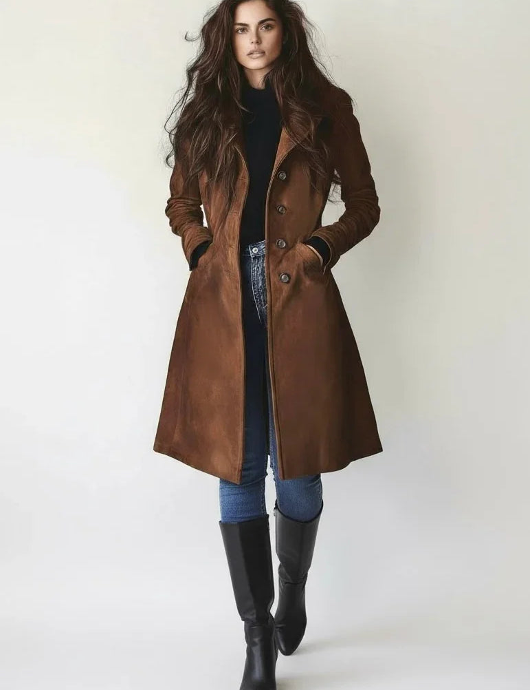 Brown leather double-breasted trench coat with gold buttons