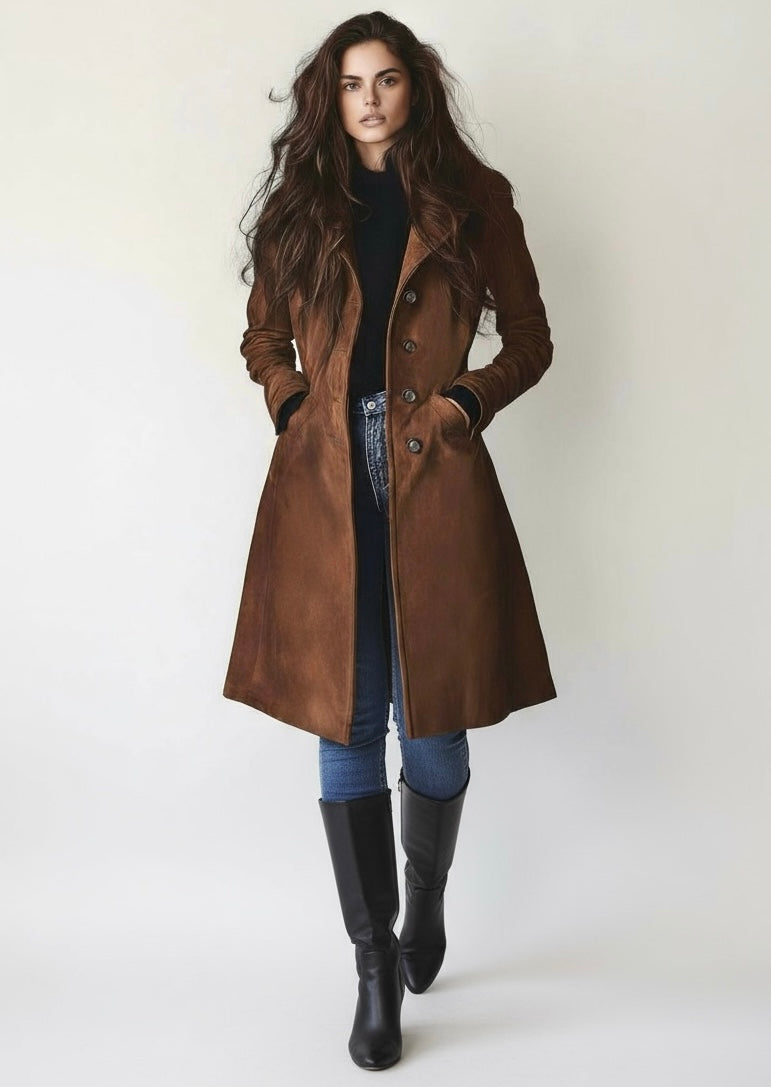 Brown leather double-breasted trench coat with gold buttons
