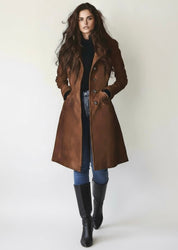 Brown leather double-breasted trench coat with gold buttons