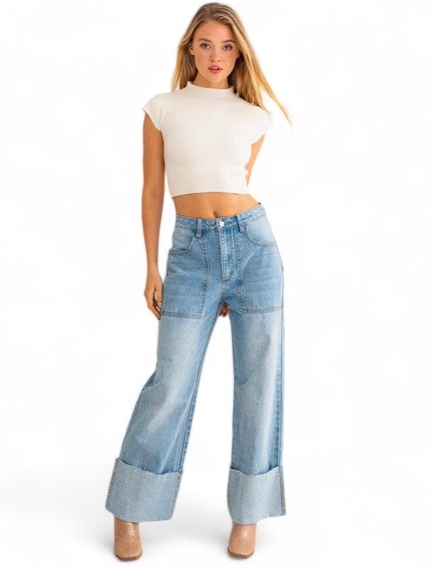 High Waisted Wide Leg Cuffed Jeans LT DENIM XS Jeans