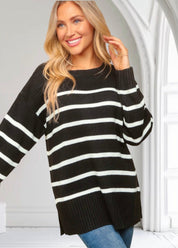 Haptics Full Size Striped Contrast Side Slit Sweater | Sweaters Daverri Fashions