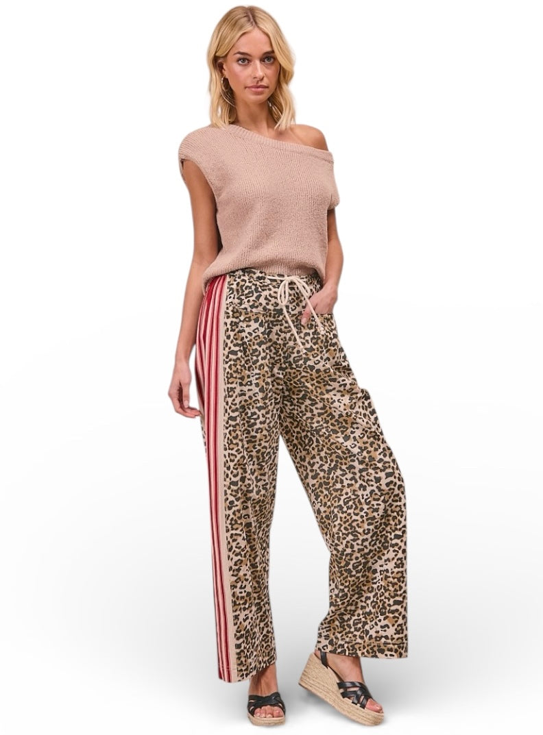 BiBi Leopard Print Pants with beige leopard print, striped side panels