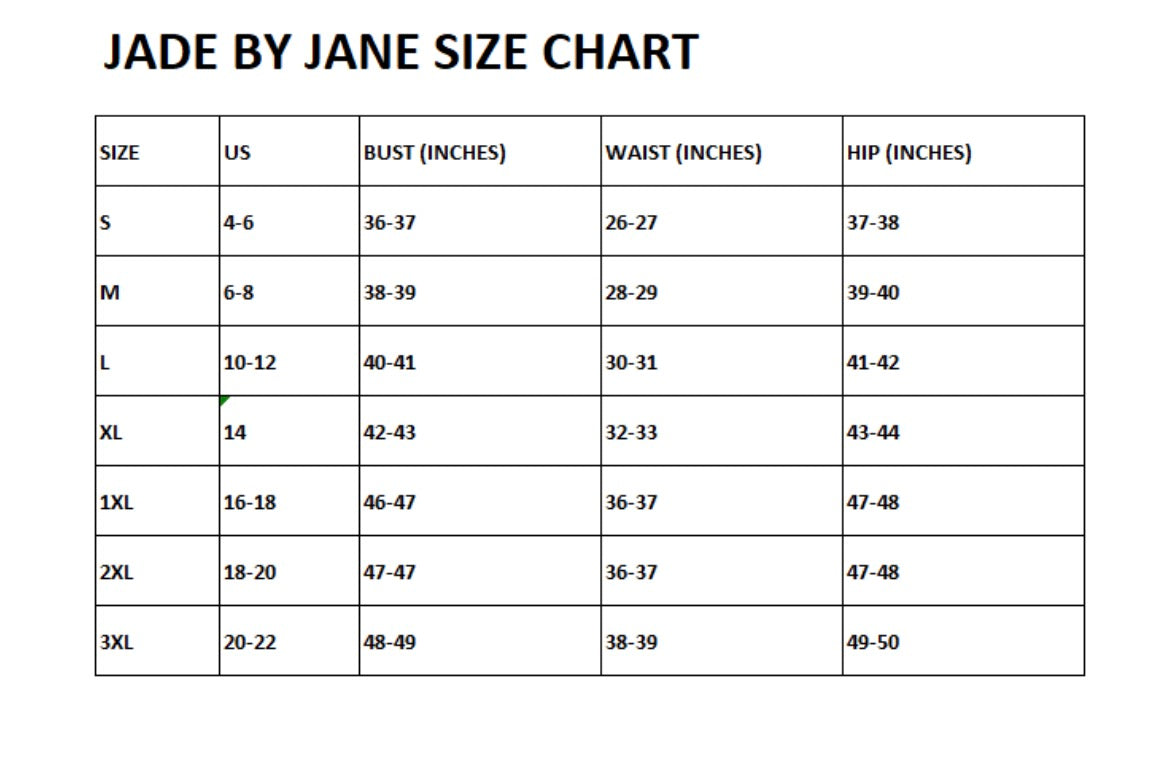 Jade by Jane size chart for plus oversized floral knit sweater, S-3XL bust waist hip inches