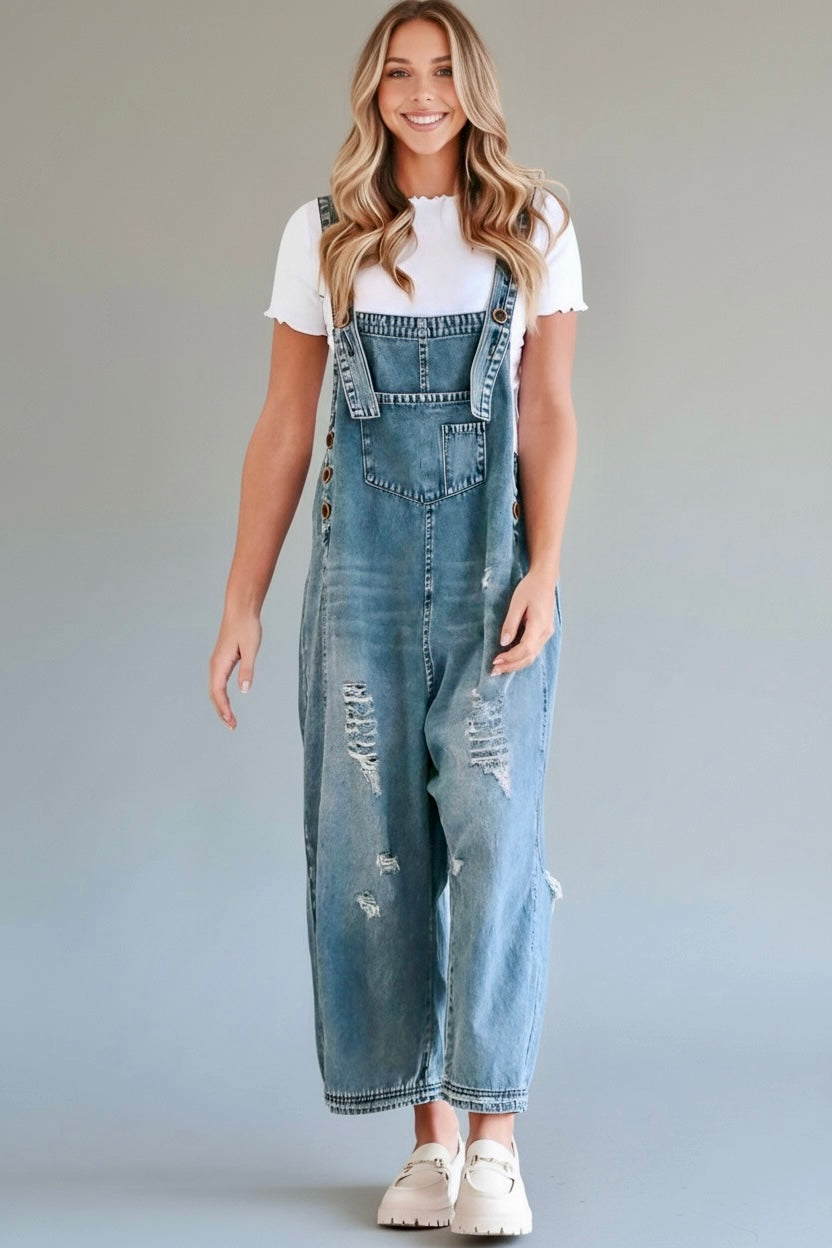 Daverri Distressed Wide Leg Denim Overalls in light-wash with patches