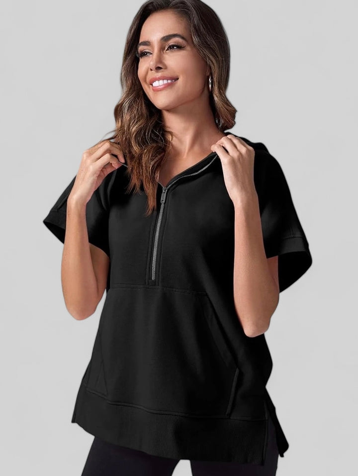 Half Zip Short Sleeve Hoodie Tops