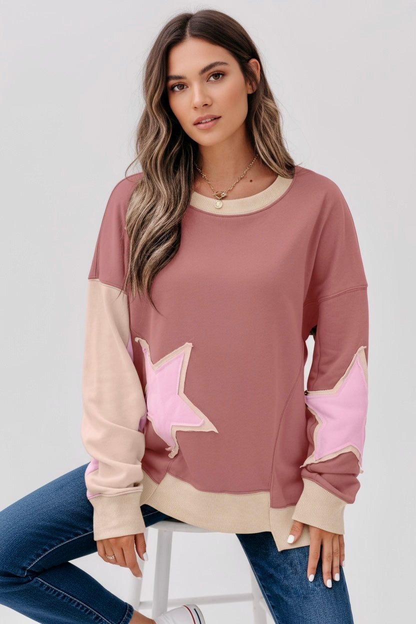 Contrast Star Patchwork Exposed Seam Uneven Hem Drop Shoulder Sweatshirt | Sweatshirts Daverri Fashions