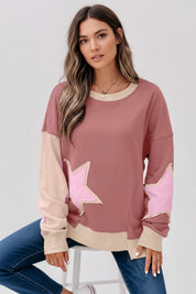 Contrast Star Patchwork Exposed Seam Uneven Hem Drop Shoulder Sweatshirt | Sweatshirts Daverri Fashions