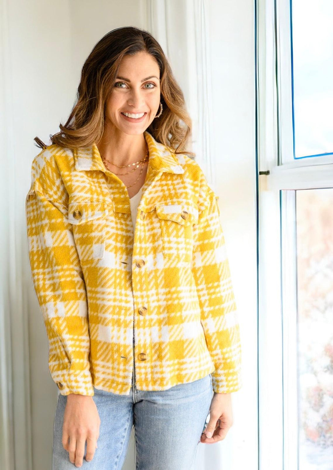 Jodifl Button Down Yellow Plaid Shacket Small Yellow Tops