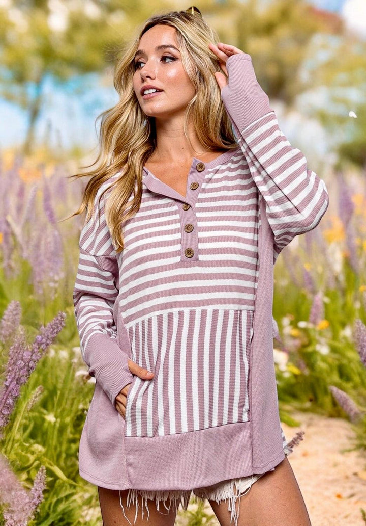 Mauve Striped Thumbhole Long Sleeve Top Shirts & Tops