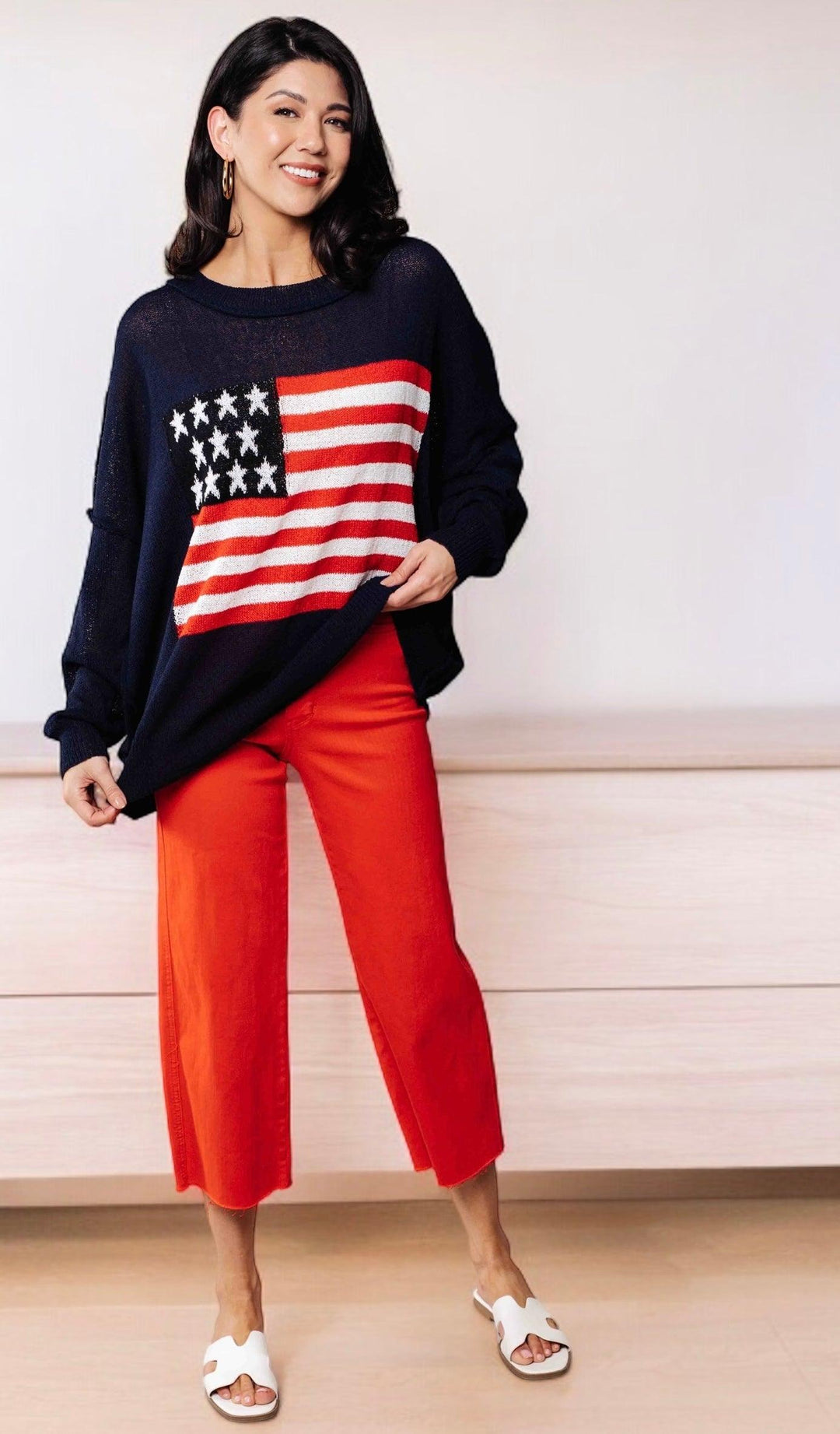 Lightweight American Flag Sweater Knit Pullover Shirts & Tops