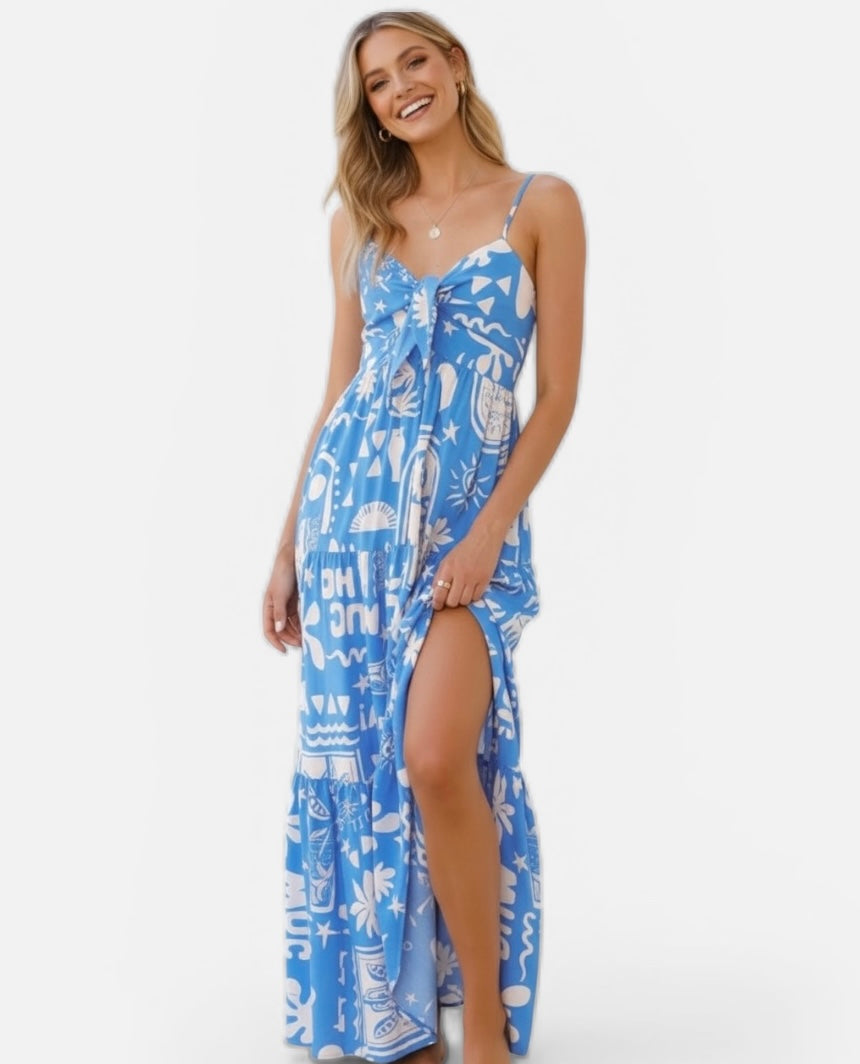 Daverri Printed Tie-Front Maxi Dress