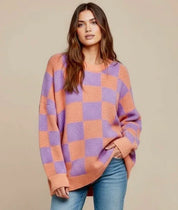 Checkerboard Chic Round Neck Sweater - DAVERRI FASHIONS