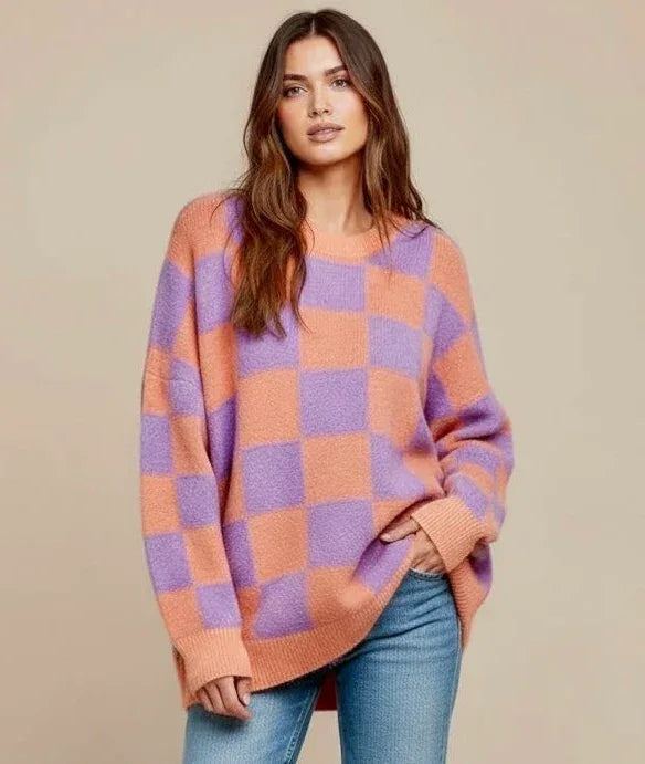 Checkerboard Chic Round Neck Sweater - DAVERRI FASHIONS