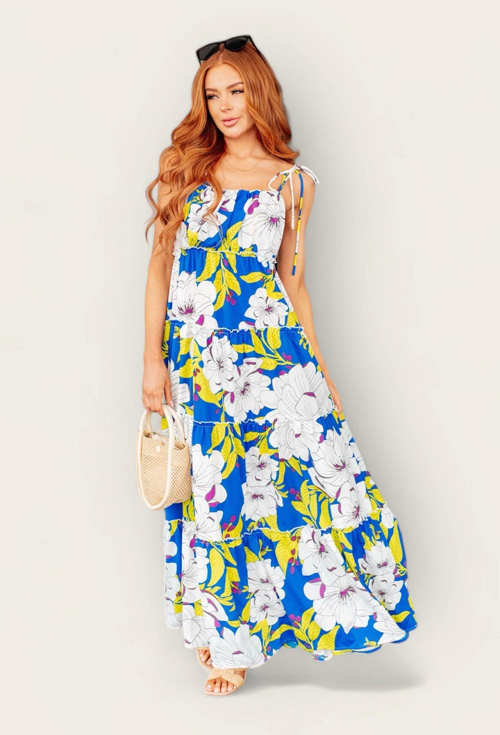 Permanent Holiday Tiered Dress Large White Floral Maxi Dresses