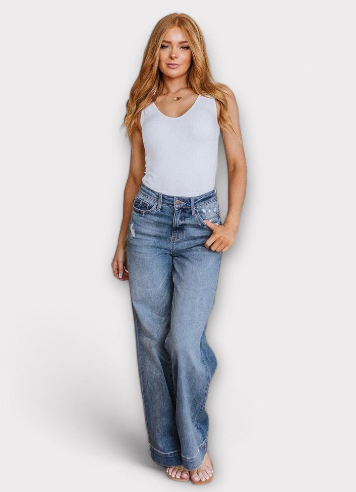 High Waist Distressed Denim Wide Leg Trousers Jeans