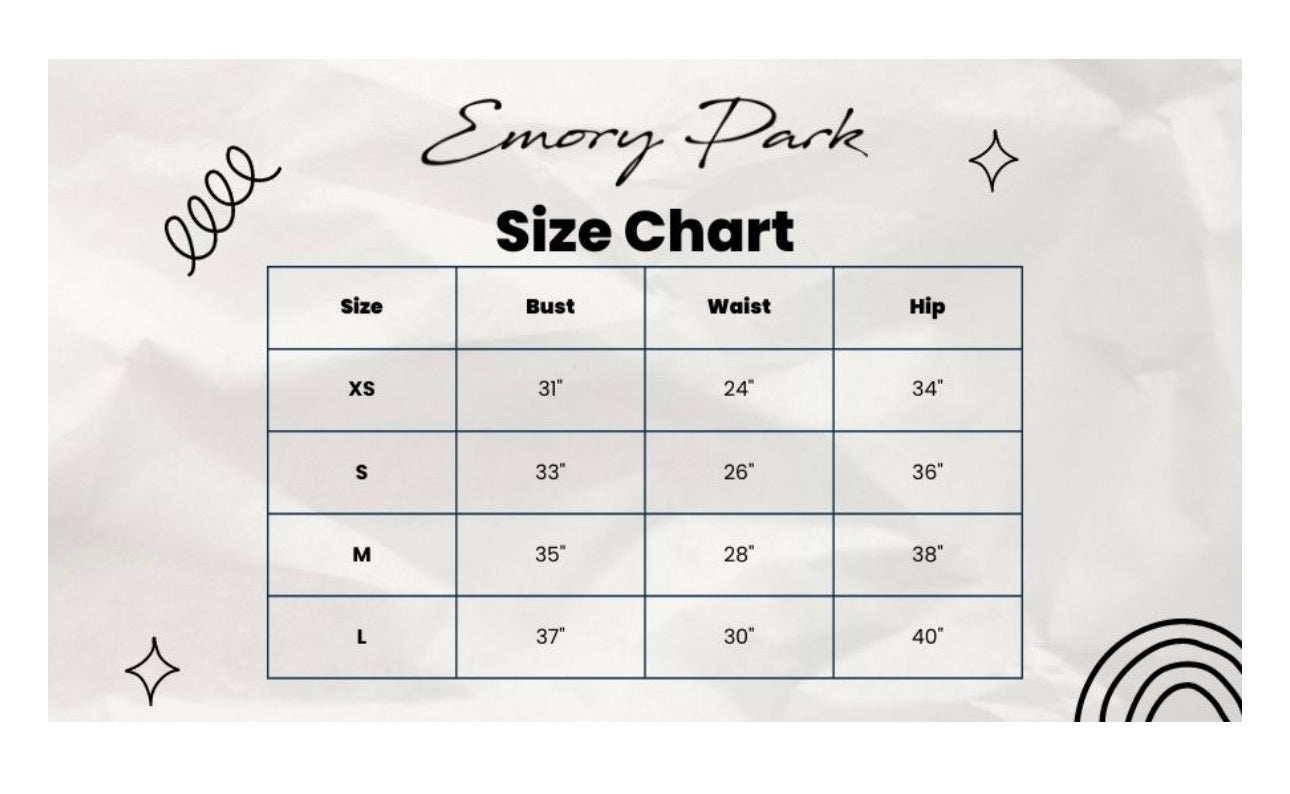 Emory Park size chart for Woodland Camo Oversized Jacket on textured white background