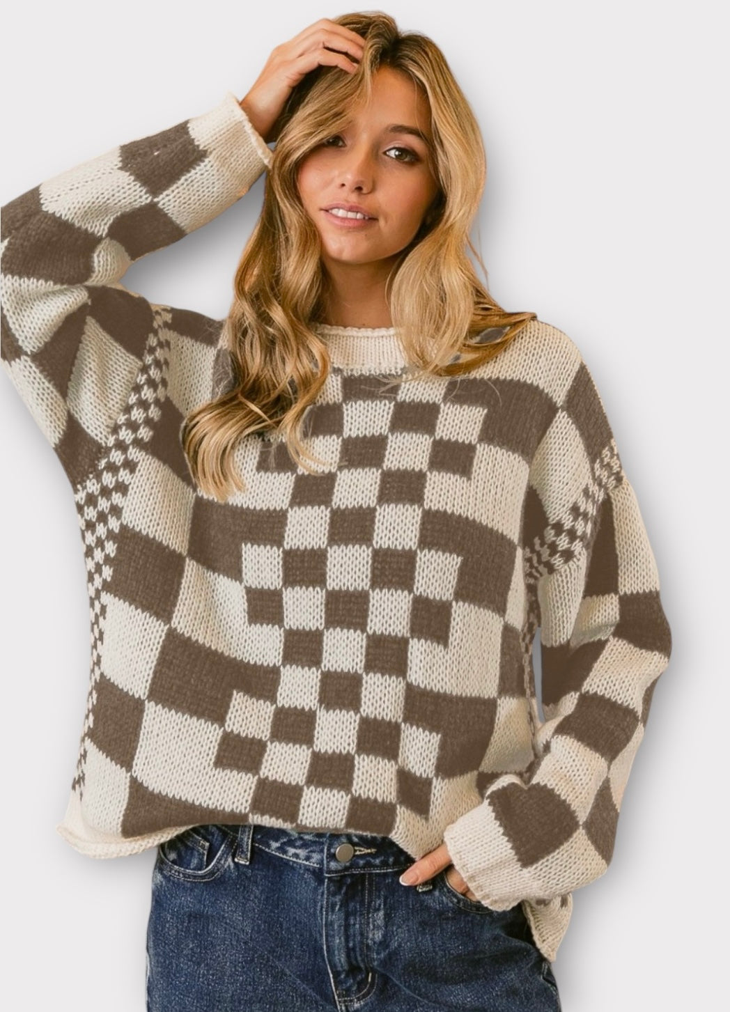 BiBi Checkered Contrast Chunky Sweater Tops