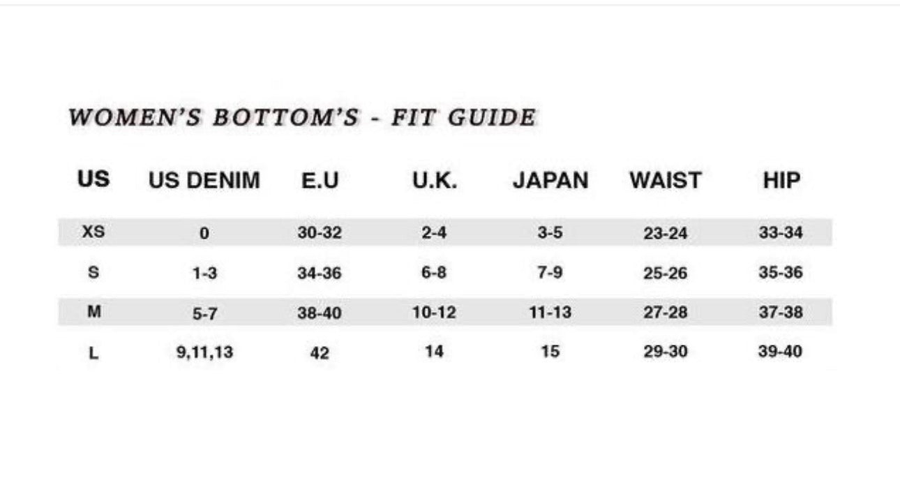 Women’s Low Rise Diamond Stars Jeans size chart: US, EU, UK, Japan fits