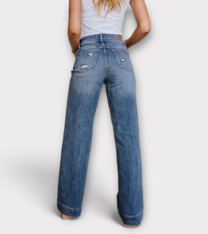 High Waist Distressed Denim Wide Leg Trousers Jeans