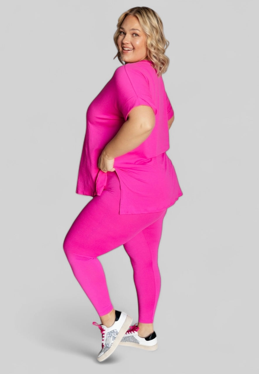 Neon Hot Pink Short Sleeve Loungewear Set Outfit Sets