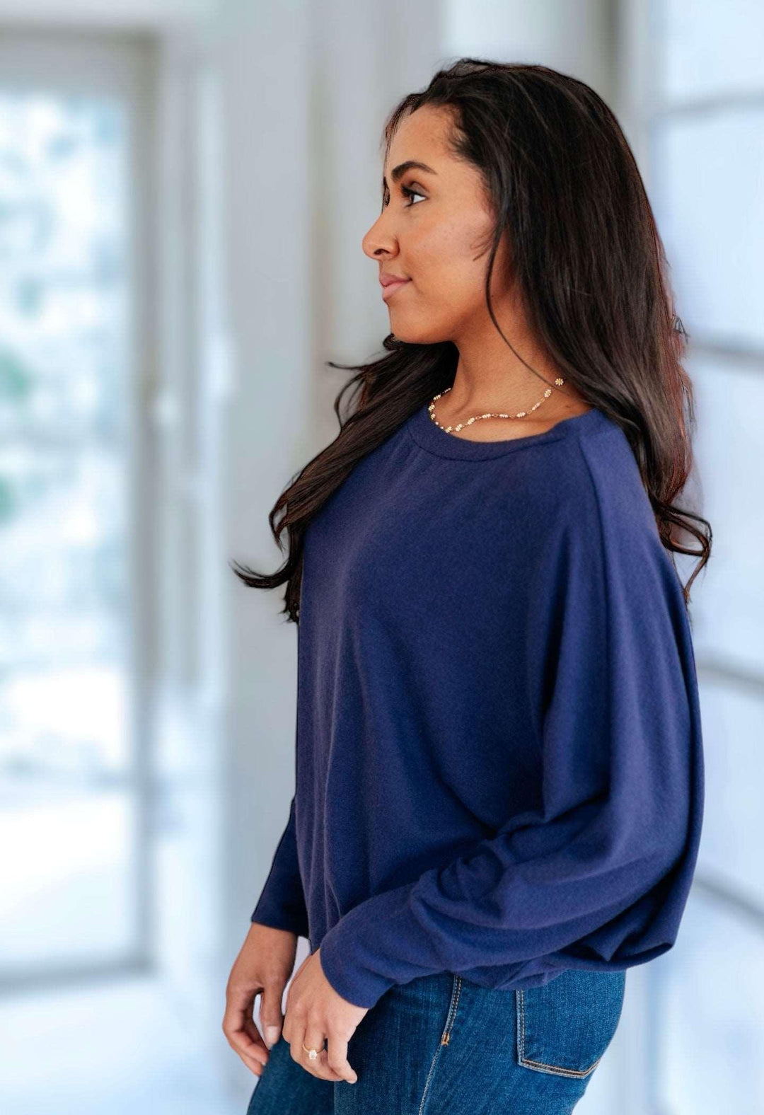 Batwing Sleeve Boatneck Top in Navy Shirts & Tops