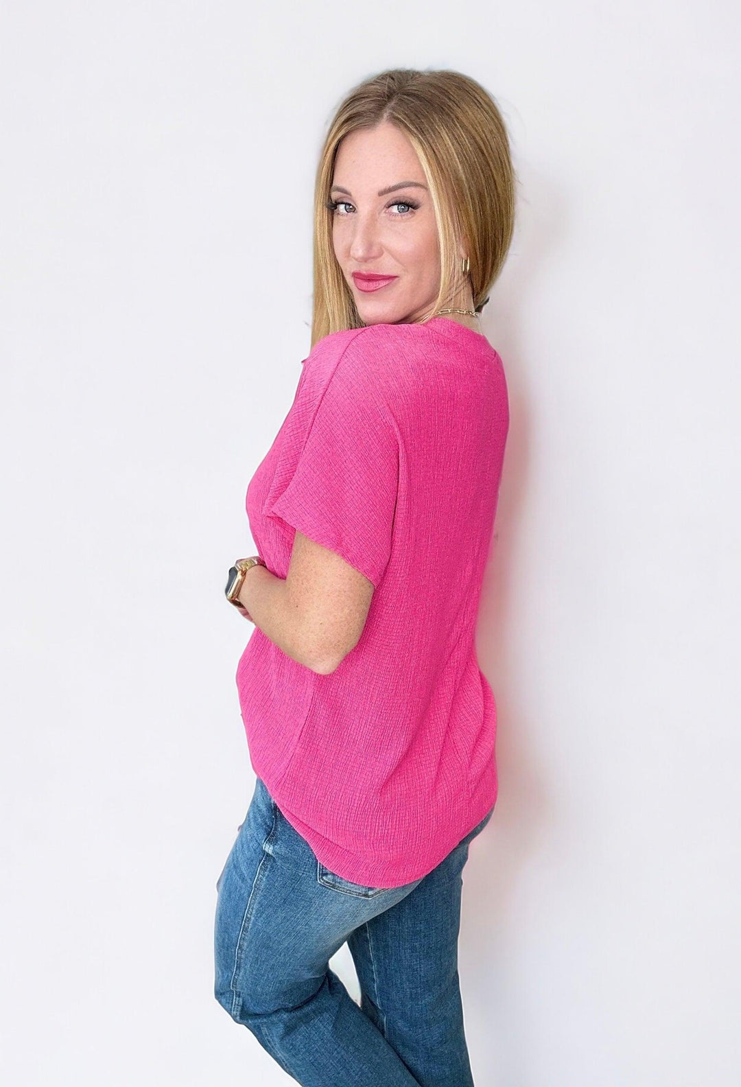 Trial and Error Textured V-Neck Blouse in Magenta Shirts & Tops