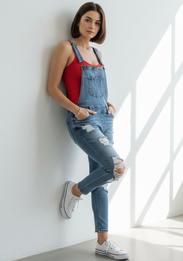Daverri wide strap distressed denim overalls with light-wash distressed knees
