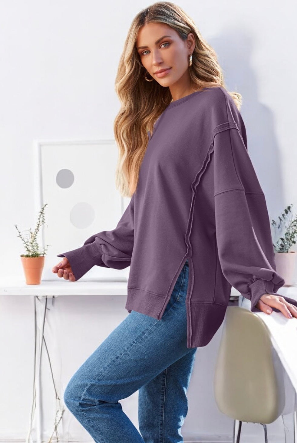 Slit Round Neck Long Sleeve Sweatshirt Tops